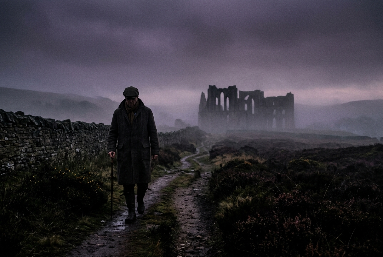 Andy walking the misty English moor