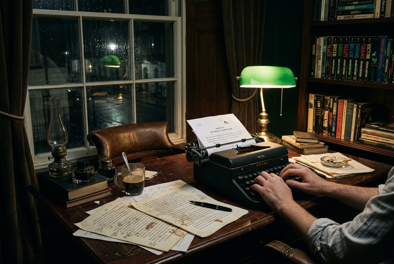 Typewriter and horror manuscripts on a writer's desk illuminated by a green banker lamp