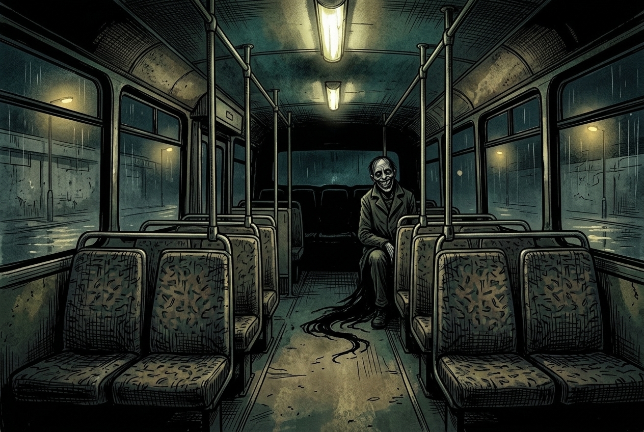 A terrifying gaunt passenger with an unnatural wide grin sitting alone at the back of an empty British bus at night in a dark depot, dark shadows creeping beneath his coat along the aisle floor