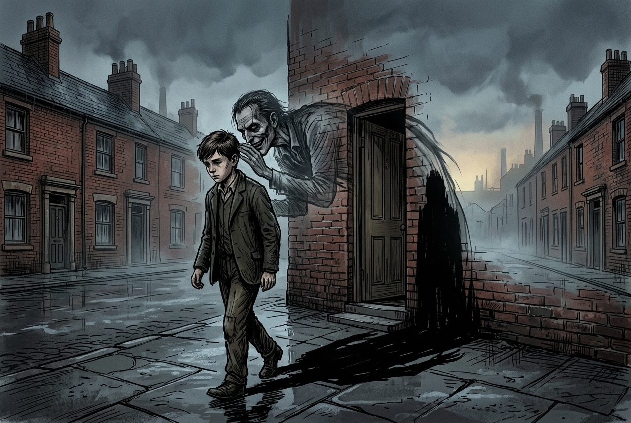 Young boy walking down a dreary London terraced street with the sinister spectral figure of Tobias Green whispering into his ear