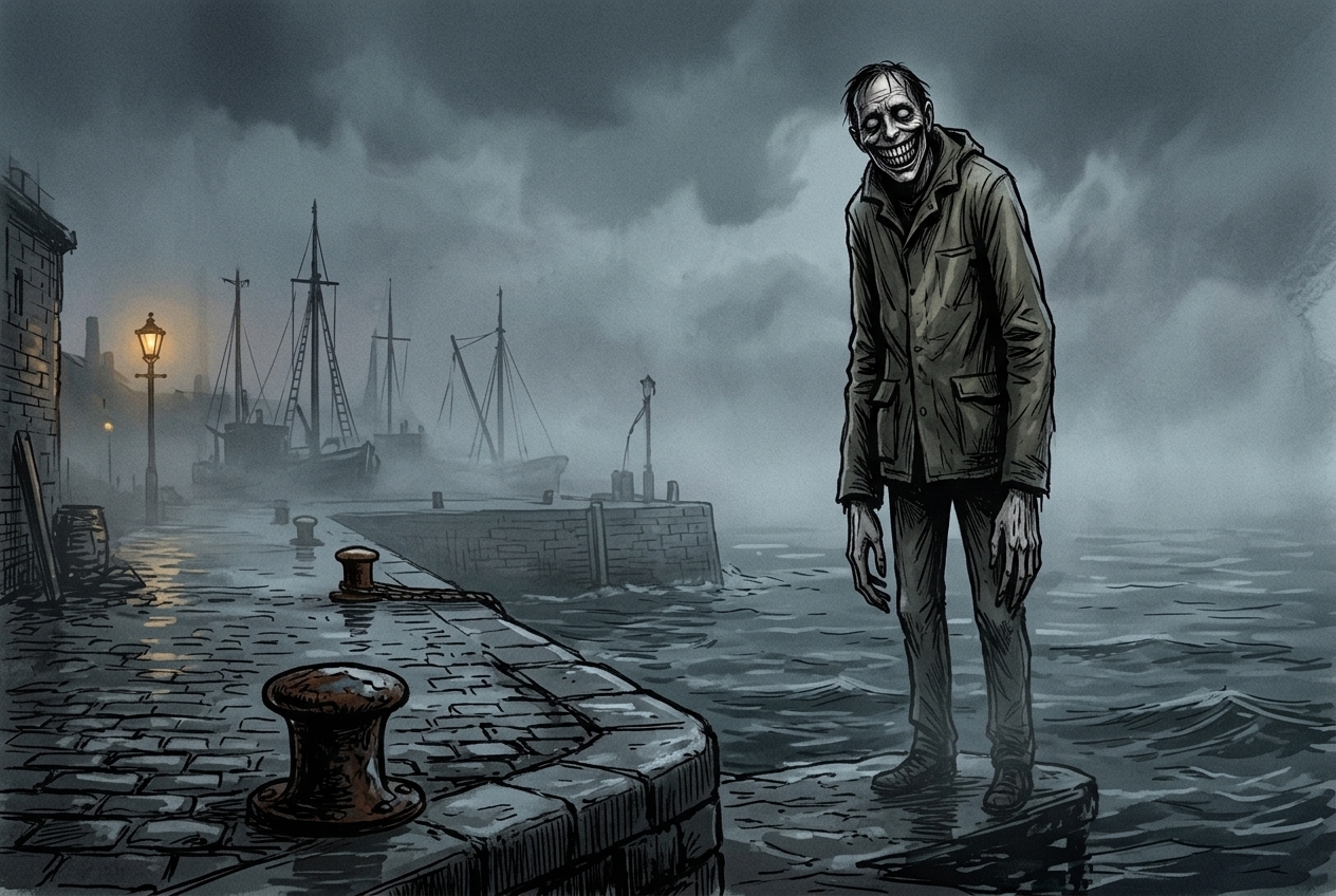 An unnaturally tall, elongated figure with arms hanging past its knees and a terrifying shark-like grin standing on a foggy English harbour wall